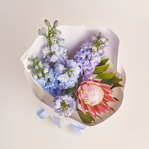 Product image Bouquet of 1 Protea аnd Delphiniums, packaging: White, vendor code: 3498