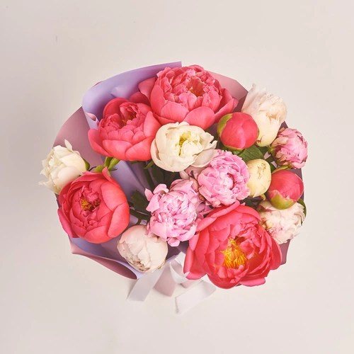 Product image Bouquet of 15 Bright Peonies mix, packaging: Gradiens violet, vendor code: 3503