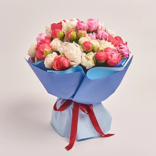 Product image Bouquet of 51 Bright Peonies mix, packaging: Gradiens blue, vendor code: 3504