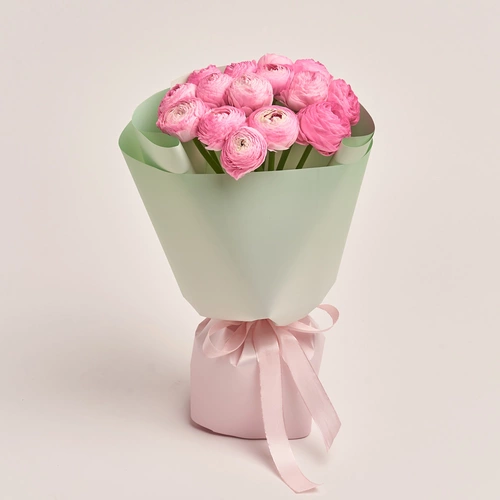 Product image Bouquet 15  Bright Pink Ranunculuses, packaging: Gradiens tiffany, vendor code: 3505