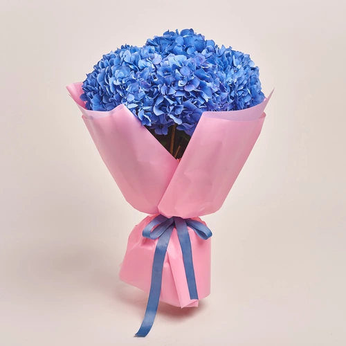 Product image Bouquet of 5 Blue Hydrangeas, packaging: Pink, vendor code: 3514