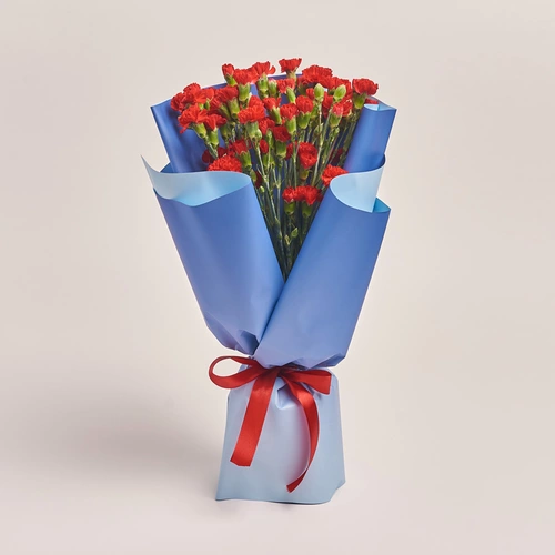 Product image Bouquet 19 Red Carnations Spray, packaging: Gradiens blue, vendor code: 3528