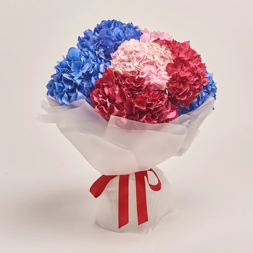 Product image Bouquet of 7 Bright Hydrangeas mix, packaging: Transparent, vendor code: 3529