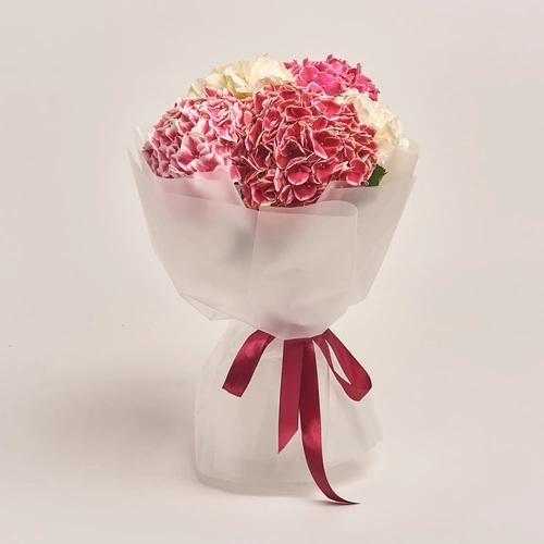 Product image Bouquet of 5 White and Crimson Hydrangeas mix, packaging: Transparent, vendor code: 3534