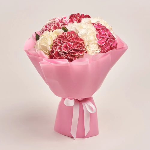 Product image Bouquet of 7 White and Crimson Hydrangeas mix, packaging: Pink, vendor code: 3535