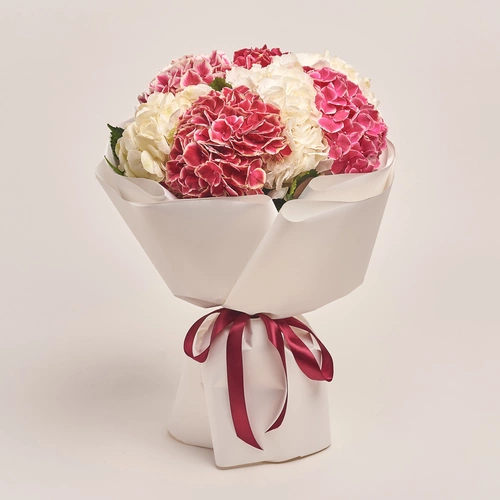 Product image Bouquet of 7 White and Crimson Hydrangeas mix, packaging: White, vendor code: 3535
