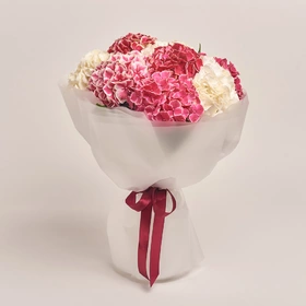 Bouquet of 9 White and Crimson Hydrangeas mix