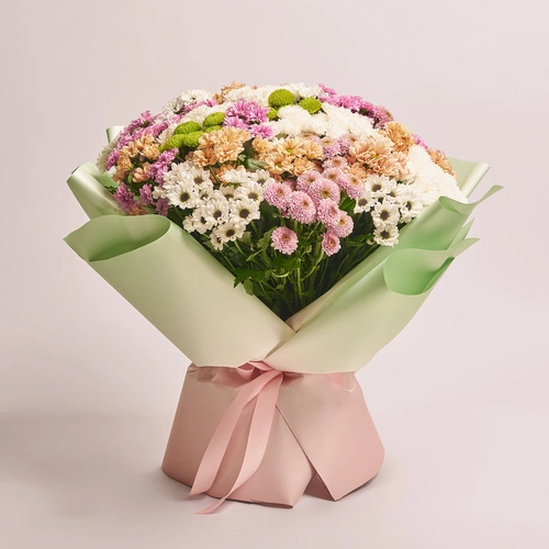 Product image Bouquet of 51 Chrysanthemums Santinі Mix, packaging: Gradiens tiffany, vendor code: 3544