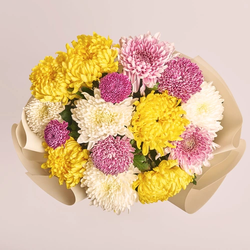 Зображення товару Букет 15 однобутонних Хризантем Мікс, пакування: Кафін кремовий, артикул: 3553