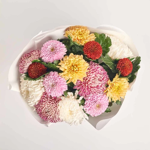 Product image Bouquet of 15 Single Chrysanthemums Mix, packaging: White, SKU: 3553