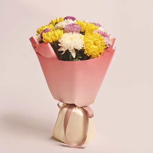Product image Bouquet of 15 Single Chrysanthemums Mix, packaging: Gradiens pink, vendor code: 3553