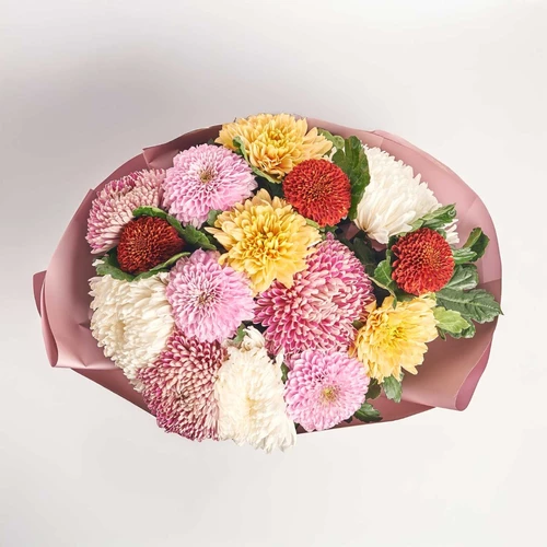 Product image Bouquet of 15 Single Chrysanthemums Mix, packaging: Gradiens tiffany, SKU: 3553