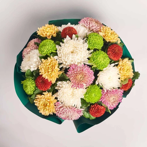 Product image Bouquet of 25 Single Chrysanthemums Mix, packaging: Green, SKU: 3554