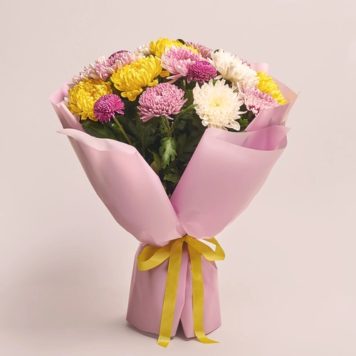 Product image Bouquet of 25 Single Chrysanthemums Mix, packaging: Pink, vendor code: 3554