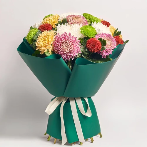 Product image Bouquet of 25 Single Chrysanthemums Mix, packaging: Green, SKU: 3554