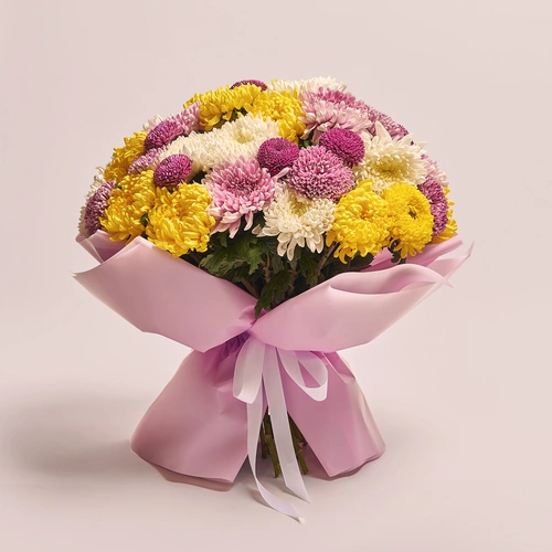 Product image Bouquet of 51 Single Chrysanthemums Mix, packaging: Pink, SKU: 3555