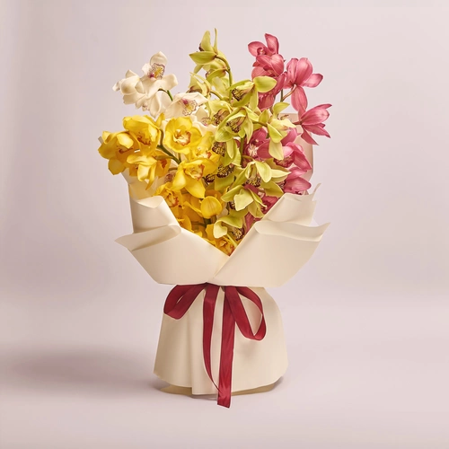 Product image Bouquet of 5 Cymbidium's branches mix, packaging: White, vendor code: 3565