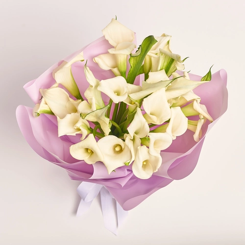 Product image Bouquet of 25 White Callas, packaging: Purple, vendor code: 3596