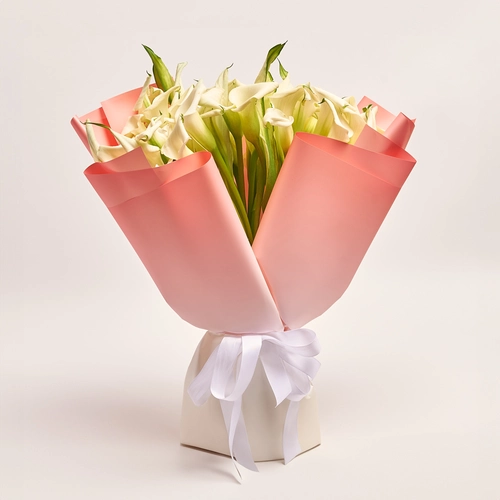 Product image Bouquet of 51 White Callas, packaging: Gradiens pink, vendor code: 3597