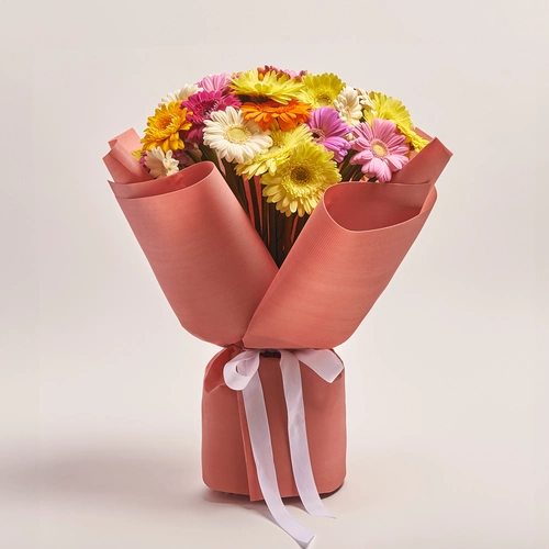 Product image Bouquet of 51 Gerberas Mini Mix, packaging: Kafin rust, vendor code: 3608