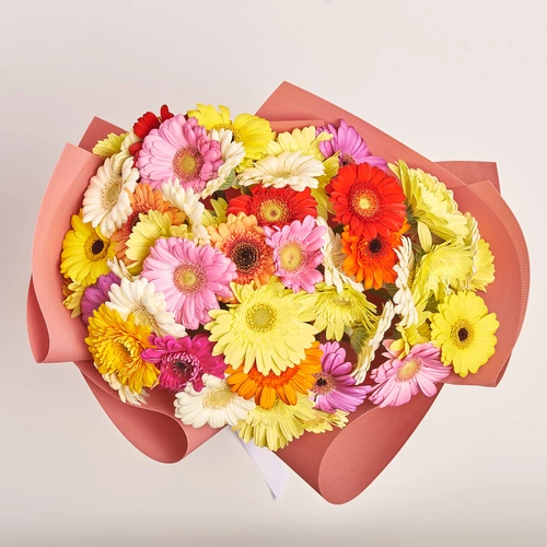 Product image Bouquet of 51 Gerberas Mini Mix, packaging: Kafin rust, vendor code: 3608