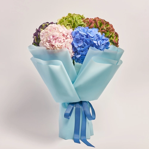 Product image Bouquet of 5 Hydrangeas Mix Blossom, packaging: Blue, vendor code: 3612