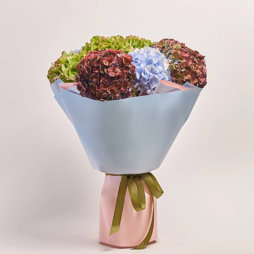 Product image Bouquet of 9 Hydrangeas Mix Magic, packaging: Gradiens light blue, vendor code: 3615