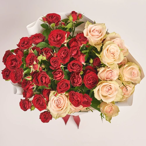 Product image Bouquet Duo with pink Roses and red Spray, packaging: White, vendor code: 3630