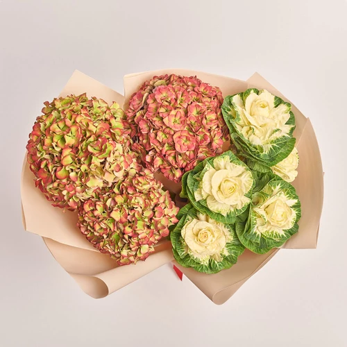 Product image Bouquet Duo of with Hydrangeas and Brassicas, packaging: Kafin cream, vendor code: 3641