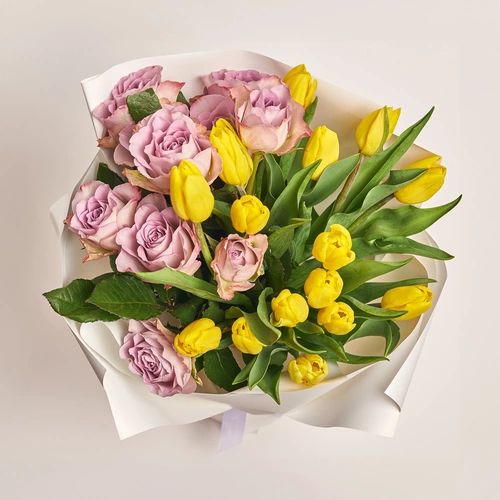 Product image Вouquet Duo with Roses and Tulips, packaging: White, vendor code: 3642