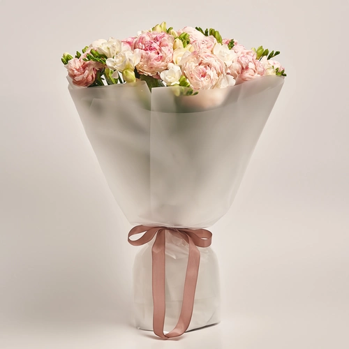 Product image Bouquet Duo of Peonies and Freesias, packaging: Transparent, vendor code: 3647