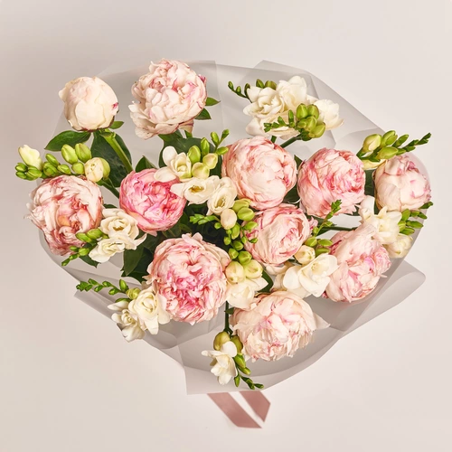 Product image Bouquet Duo of Peonies and Freesias, packaging: Transparent, vendor code: 3647