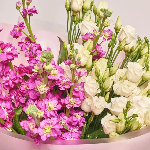 Product image Bouquet Duo of white Eustoma and Matiola, packaging: Pink, vendor code: 3648