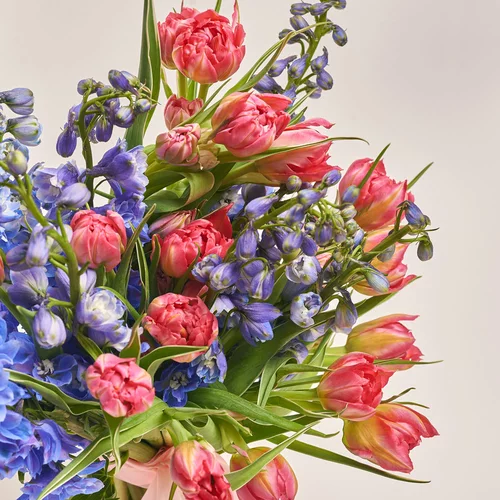 Product image Duo bouquet of Delphiniums and Tulips, packaging: Kafin rose, vendor code: 3651