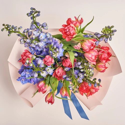 Product image Duo bouquet of Delphiniums and Tulips, packaging: Kafin rose, vendor code: 3651