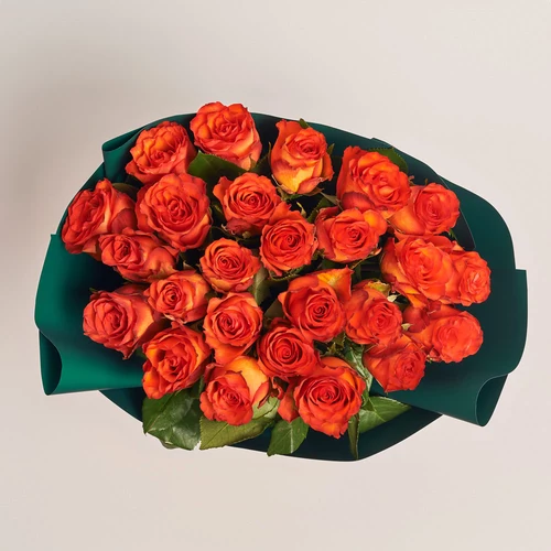 Зображення товару Букет 25 помаранчевих Троянд Метеор, пакування: Зелена, артикул: 3652