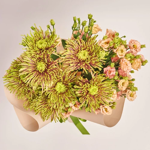 Product image Duo bouquet of Сhrysanthemum and Еustoma, packaging: Kafin cream, vendor code: 3653