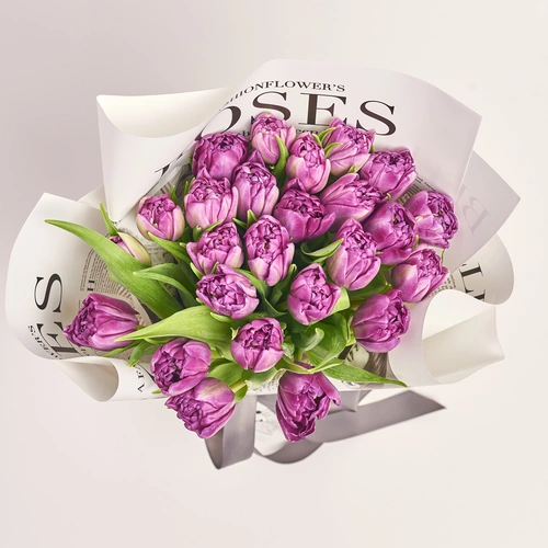 Product image Bouquet of 25 Purple Tulips Double, packaging: Newspaper, vendor code: 3721