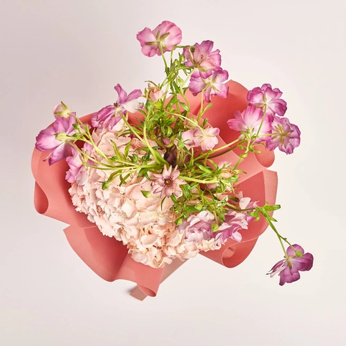 Изображение товара Букет Дуо с Гортензией и Ранункулюсaми, упаковка: Каффин лососевый, артикул: 3787