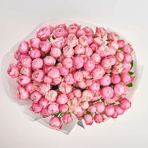 Зображення товару Букет 25 рожевих піоновидних Троянд Спрей, пакування: Прозора, артикул: 3813