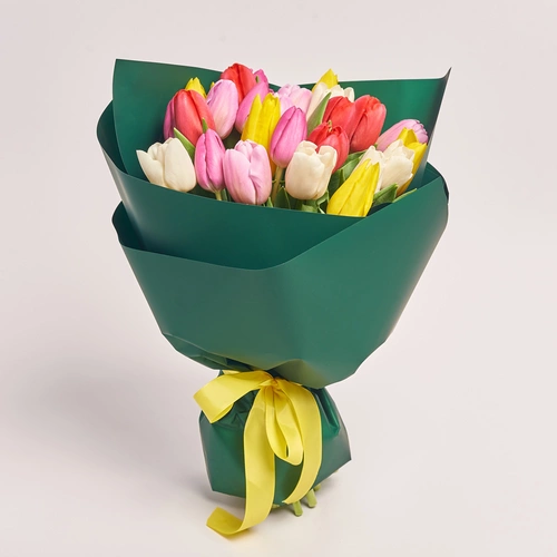 Изображение товара Букет 25 Тюльпанов Микс, упаковка: Зелёная, артикул: 2264