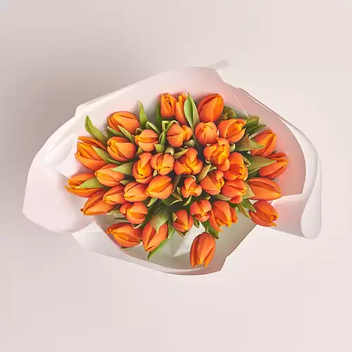 Изображение товара Букет 35 Оранжевых тюльпанов, упаковка: Белая, артикул: 2275