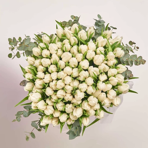 Product image Box of 101 White Tulips, packaging: Pink, vendor code: 3974