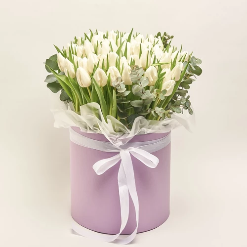 Product image Box of 101 White Tulips, packaging: Pink, vendor code: 3974