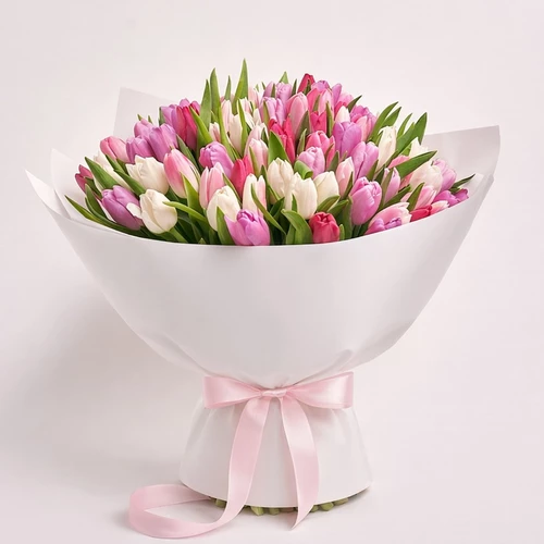 Product image Bouquet of 101 Tulips Tender  Мix, packaging: White, vendor code: 3977