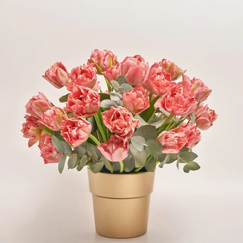 Product image 35 Pink Peony Tulips and Eucaliptus in flowerpot, vendor code: 3990