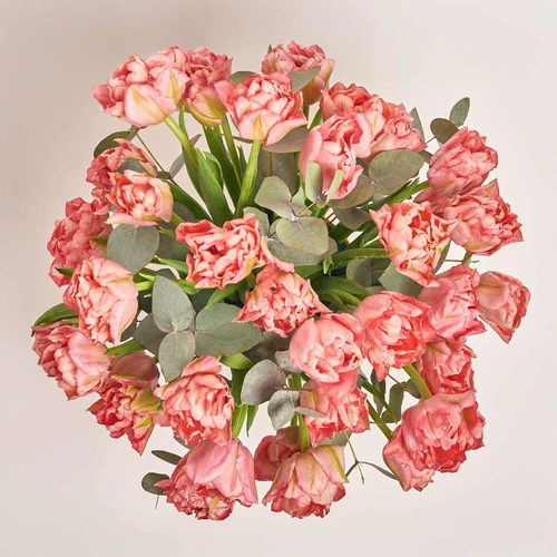 Product image 35 Pink Peony Tulips and Eucaliptus in flowerpot, vendor code: 3990