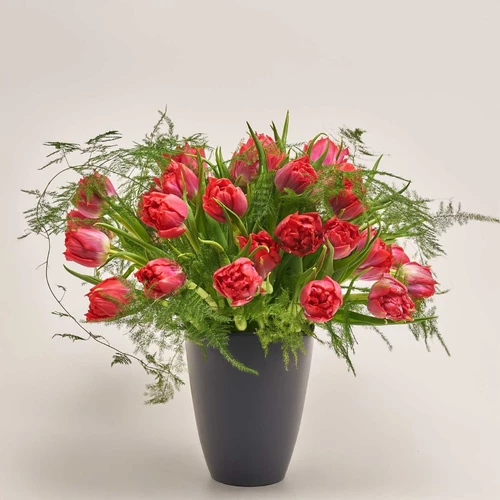 Product image 35 Red Peony Tulips and Asparagus in flowerpot, vendor code: 3992
