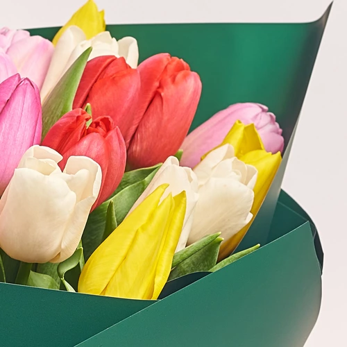 Зображення товару Букет 25 Тюльпанів Мікс, пакування: Зелена, артикул: 2264