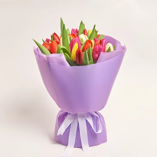Зображення товару Букет 25 Тюльпанів Мікс, пакування: Фіолетова, артикул: 2264